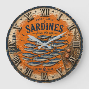 Vintage Sardines Coastal Nautical Kitchen Large Clock
