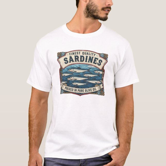 Vintage Sardines Label T-Shirt - Retro Fish Can   (Front)