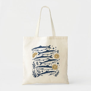 Vintage Sardines Linocut Print Blue Fish & Lemon Tote Bag