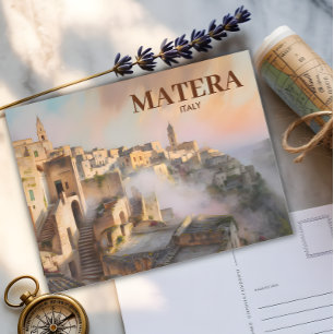 Vintage Sassi di Matera Italy Travel Watercolor Postcard