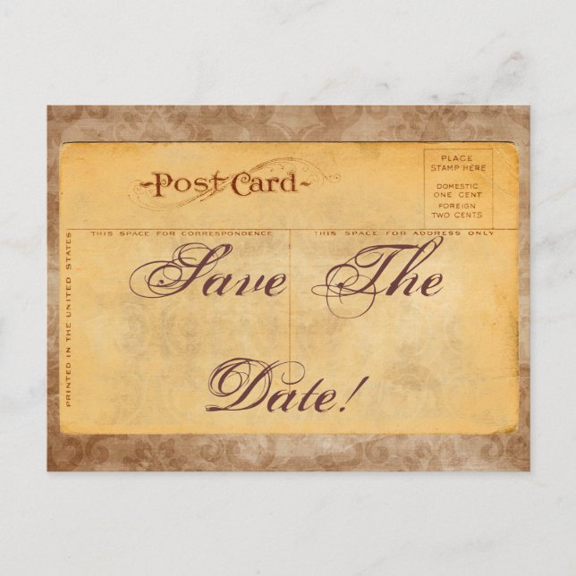 Vintage Save The Date! Damask Invitation Postcards (Front)