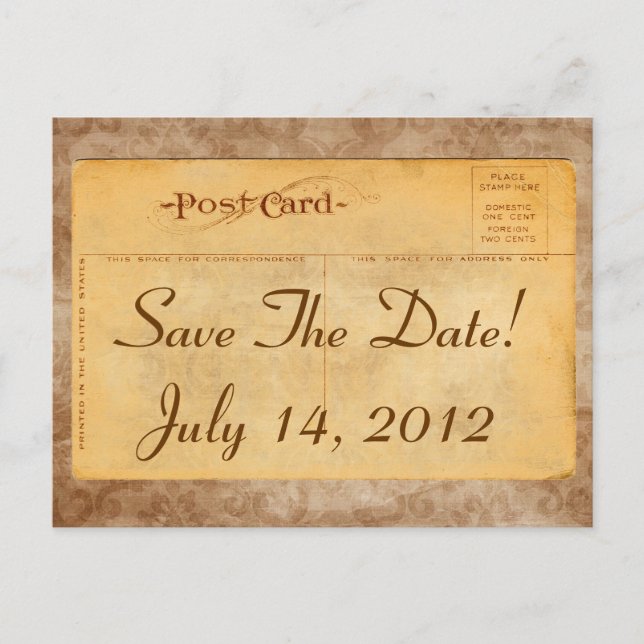 Vintage Save The Date! Damask Invitation Postcards (Front)