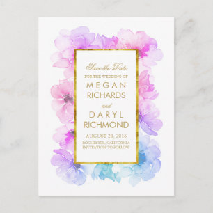 Vintage Save the Date- Gold and Blue Purple Floral Announcement Postcard