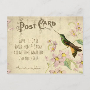 Vintage save the date postcard hummingbird