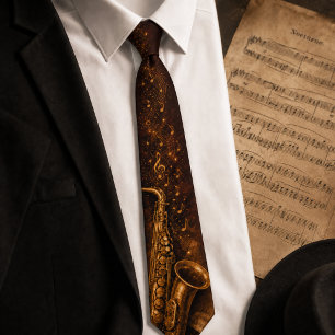 Vintage Saxophone & Musical Notes Dark Mahogany Tie