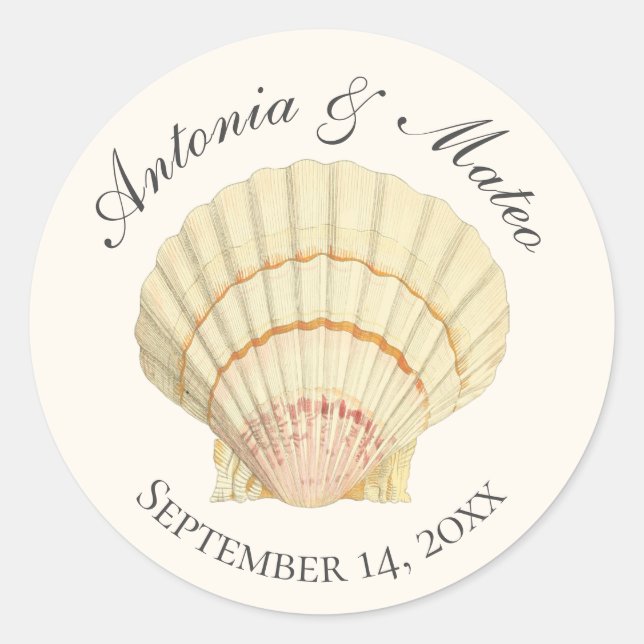 Vintage Scallop Single Seashell Wedding Classic Round Sticker (Front)