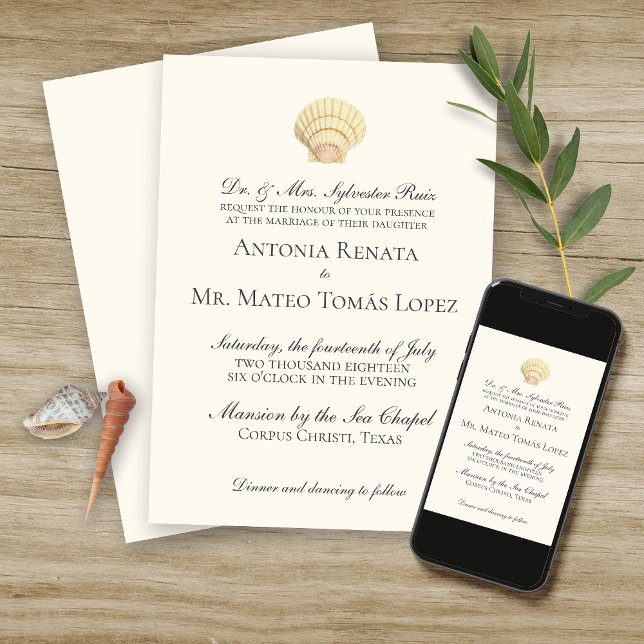 Vintage Scallop Single Seashell Wedding Invitation (Creator Uploaded)