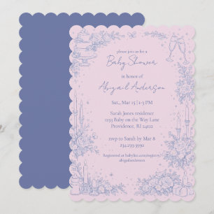 Vintage Scalloped Blue & Pink Baby Shower Invitation