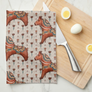 Vintage Scandinavia Folk Art Dala Horse Tea Towel