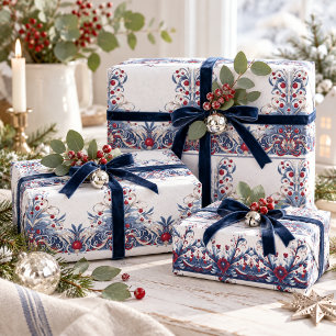 Vintage Scandinavian Christmas Folk Art Blue Wrapping Paper Sheet