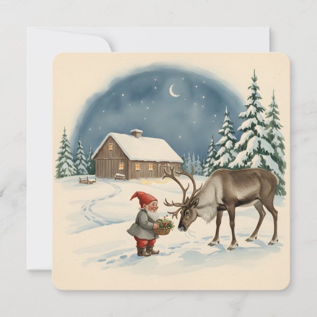 Vintage Scandinavian Christmas Tomte & Reindeer Card (Front)