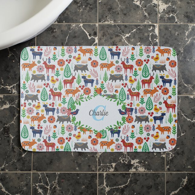 Vintage Scandinavian Folk Art Monogram Pattern Bath Mat (Creator Uploaded)