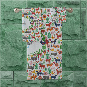 Vintage Scandinavian Folk Art Monogram Pattern Bath Towel Set