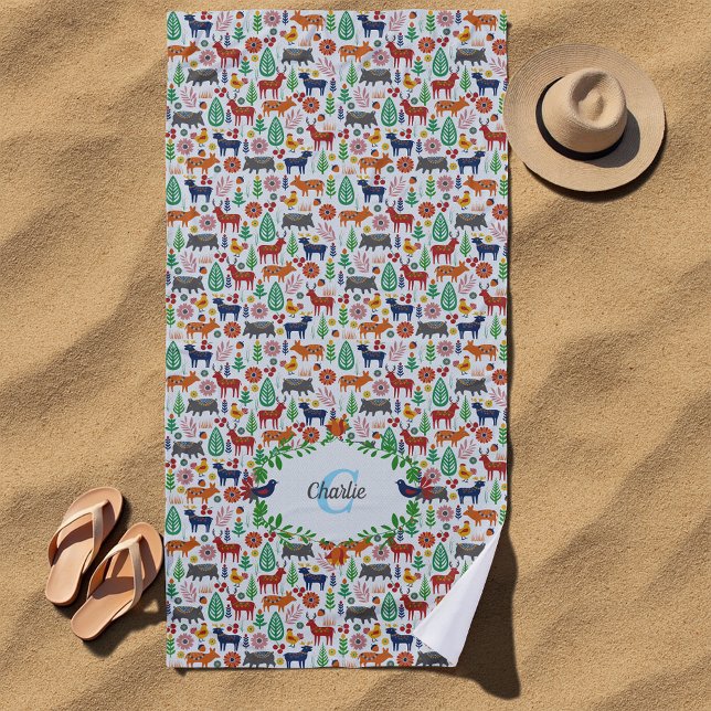 Vintage Scandinavian Folk Art Monogram Pattern Beach Towel (Creator Uploaded)