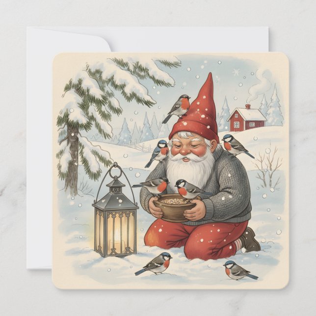 Vintage Scandinavian Tomte with Birds Card (Front)
