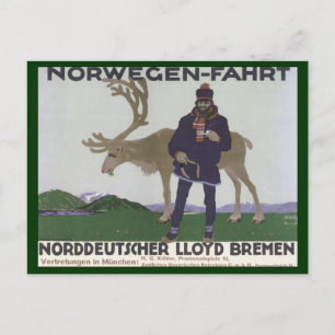 Vintage Scandinavian Travel to Norway Man Reindeer Postcard