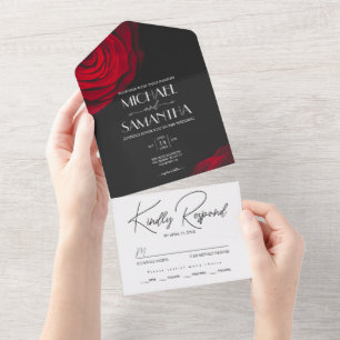 Vintage scarlet red rose petal flower wedding all in one invitation
