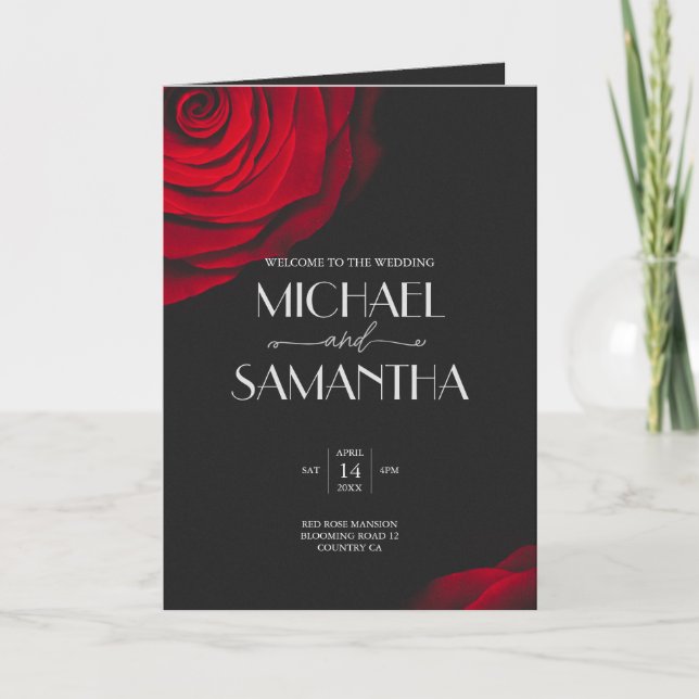 Vintage scarlet red rose petal flower wedding programme (Front)