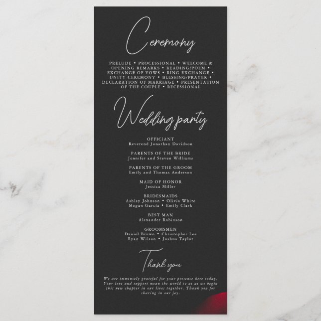 Vintage scarlet red rose petal flower wedding programme (Back)