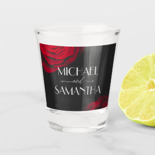 Vintage scarlet red rose petal flower wedding shot glass