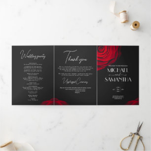 Vintage scarlet red rose petal flower wedding Tri-Fold programme