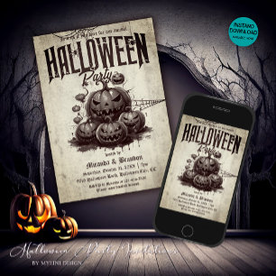 Vintage Scarry Pumpkins Adult Halloween Party  Invitation