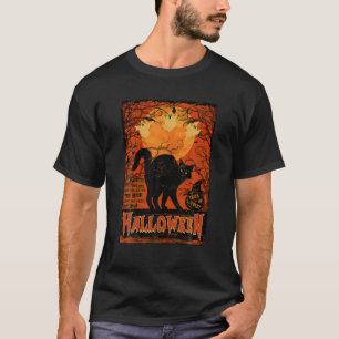 Vintage Scary Black Cat Witchy Pumpkin Ghost Moon T-Shirt