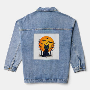Vintage Scary Christmas Cat Costume Retro Cat Moon Denim Jacket