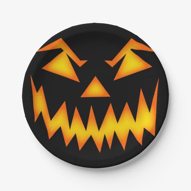 Vintage Scary Evil Halloween Pumpkin Black Paper Plate (Front)