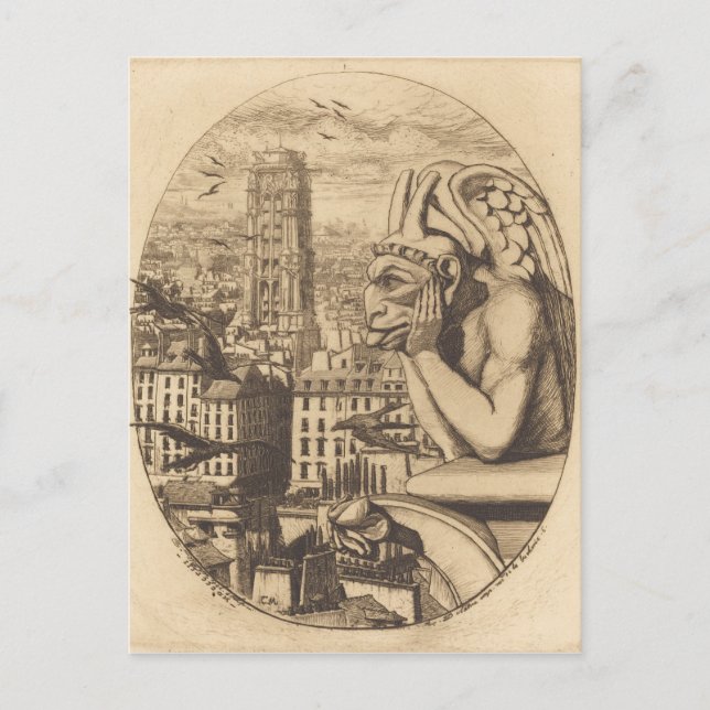 Vintage scary gargoyle looking over city postcard (Front)