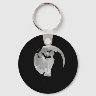 Vintage Scary Halloween Black Cat Costume Bats Key Ring