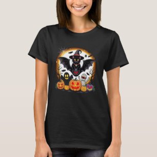 Vintage Scary Halloween Black Cat Witch Hat and Mo T-Shirt