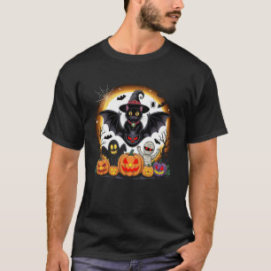Vintage Scary Halloween Black Cat Witch Hat and Mo T-Shirt