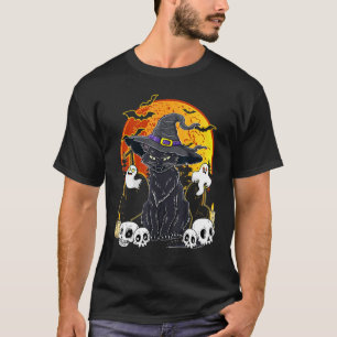 Vintage Scary Halloween Black Cat Witch Hat T-Shirt