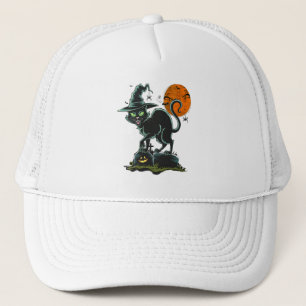 Vintage Scary Halloween Black Green-eyed Cat Witch Trucker Hat