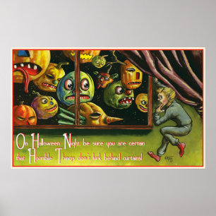Vintage scary pumpkins party decor poster