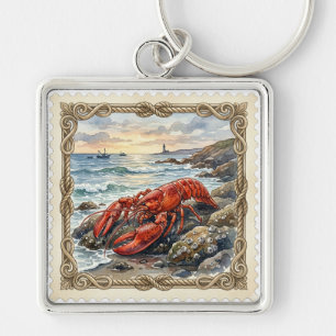 VINTAGE SCENE OF LOBSTER ON A ROCKY BEACH KEY RING