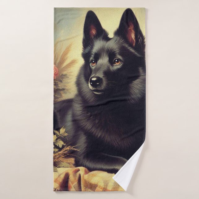 Vintage Schipperke Dog Painting Bath Towel (Bath Towel)