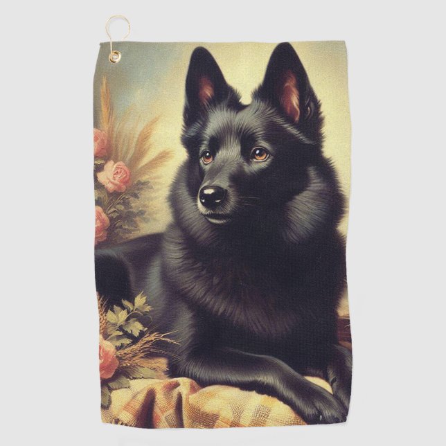 Vintage Schipperke Dog Painting Golf Towel (Front)