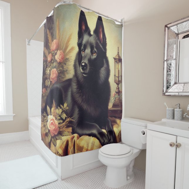 Vintage Schipperke Dog Painting Shower Curtain (In Situ)