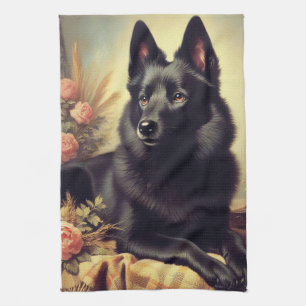 Vintage Schipperke Dog Painting Tea Towel
