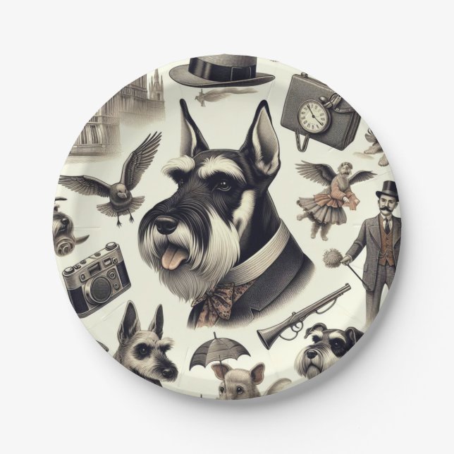 Vintage Schnauzer Illustration Paper Plate (Front)