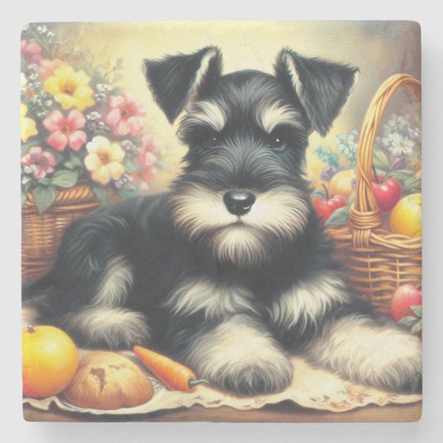 Vintage Schnauzer Painting Stone Coaster (Front)