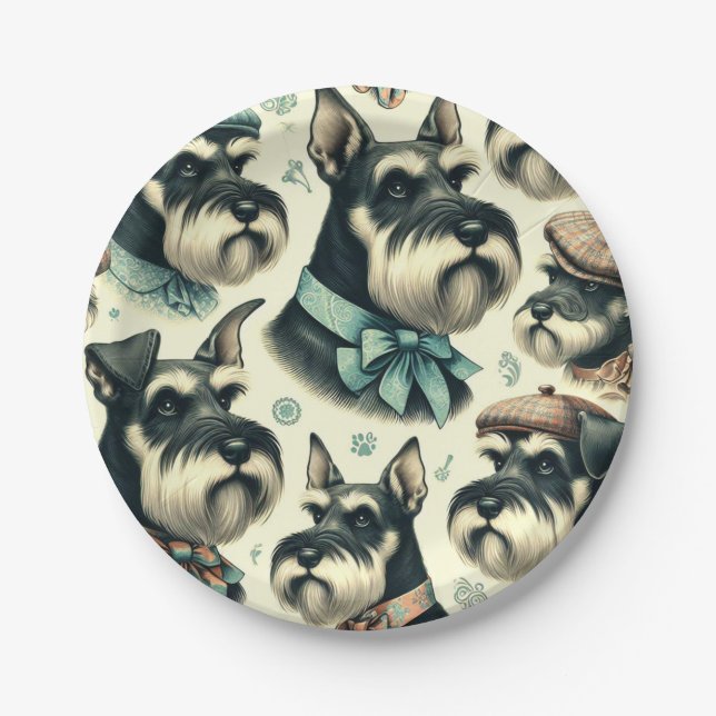 Vintage Schnauzer Seamless Illustration Paper Plate (Front)