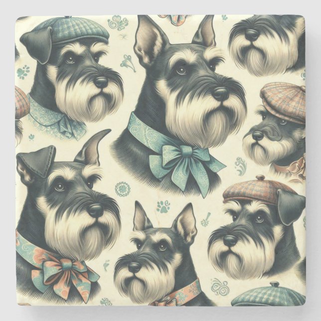Vintage Schnauzer Seamless Illustration Stone Coaster (Front)