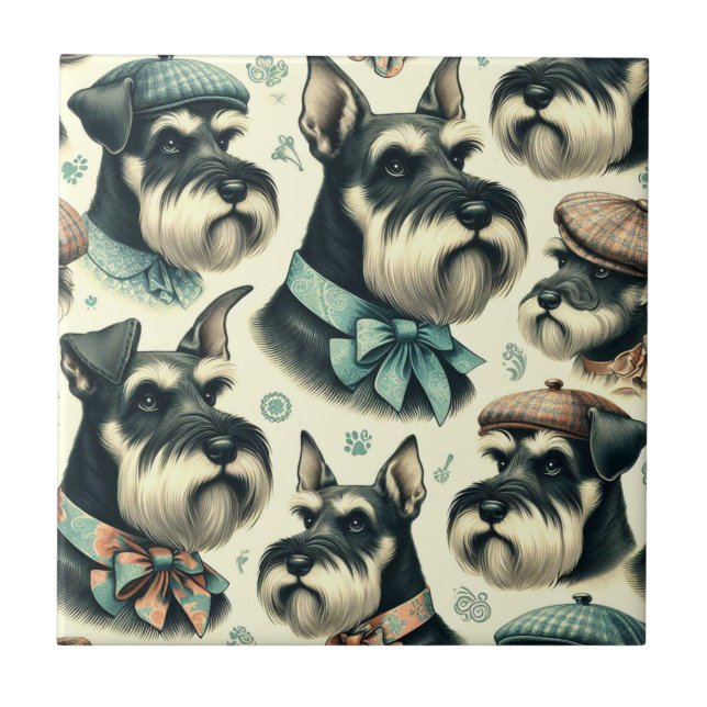 Vintage Schnauzer Seamless Illustration Tile (Front)