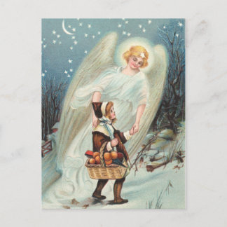 Vintage Schutzengel mit Mädchen im Schnee Postcard