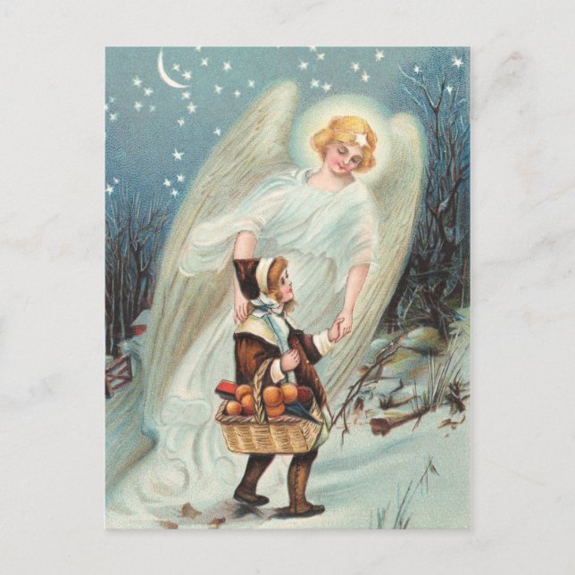 Vintage Schutzengel mit Mädchen im Schnee Postcard (Front)