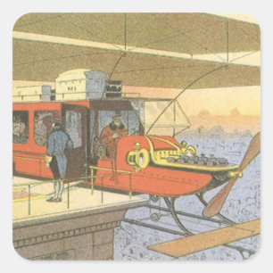 Vintage Science Fiction Aeroplane Helicopter Limo Square Sticker