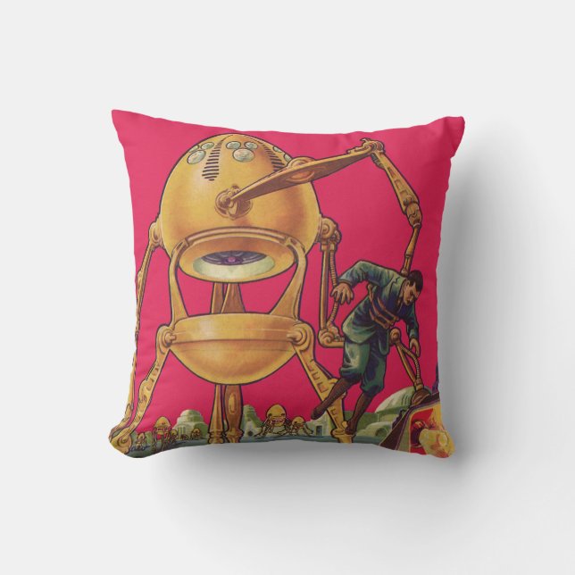 Vintage Science Fiction Alien Robot Captures Man Cushion (Front)